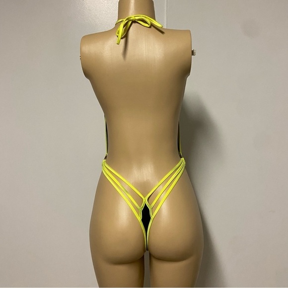 Unbranded black neon green one piece Faux leather bikini Size Small - Picture 6 of 6